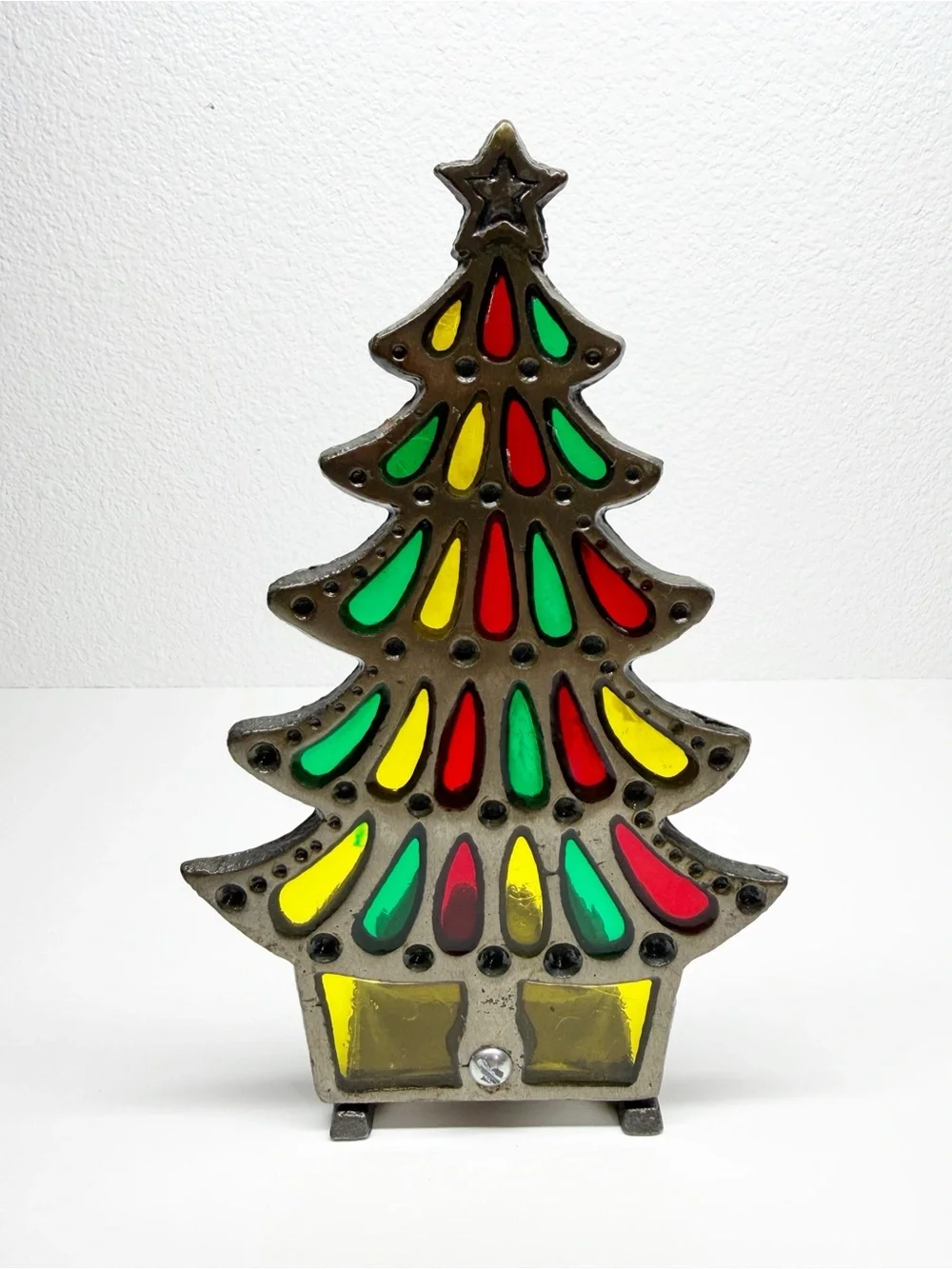 Vintage Stained Glass Metal Christmas Tree Tea Light Candle Holder